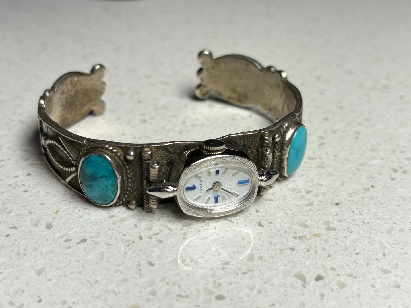 Vintage Navajo Sterling Silver Coin Turquoise Watch Bracelet