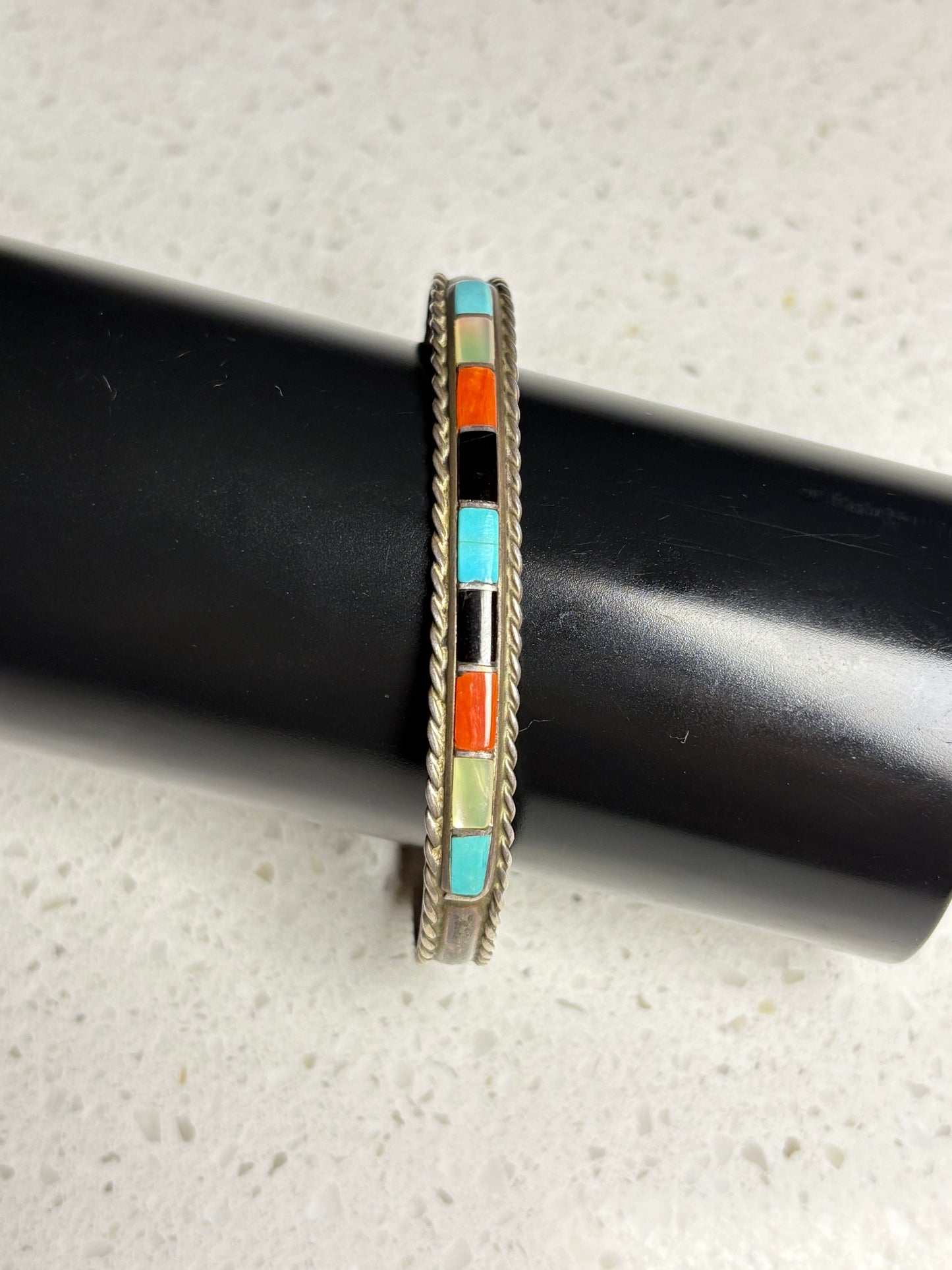 Vintage 1980s Navajo Multi-Stone Inlay Sterling Silver Bracelet – Signed JP
