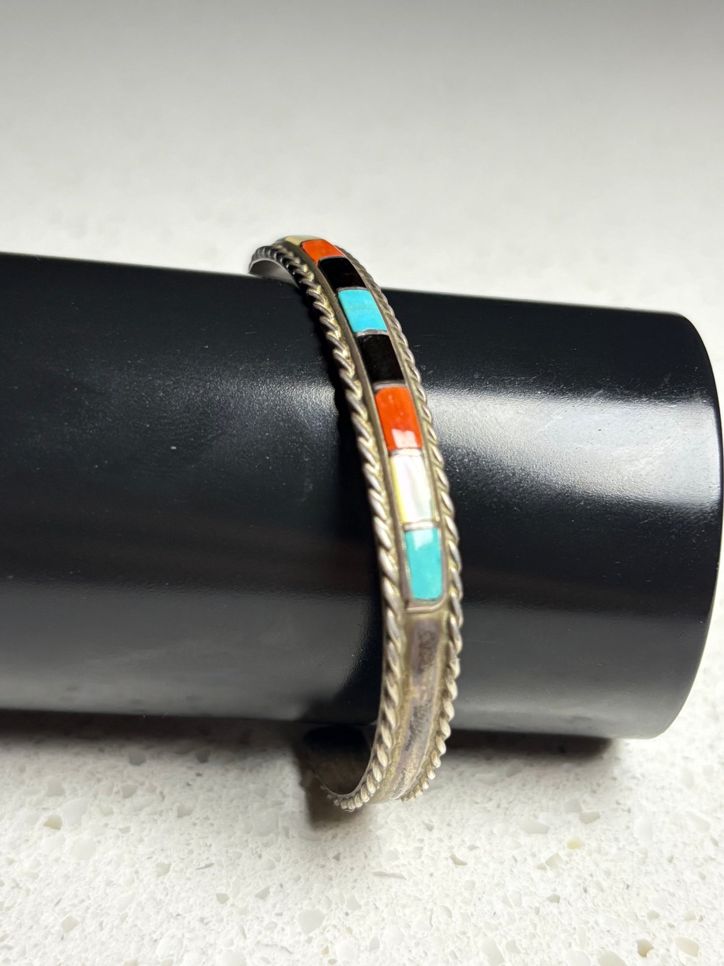 Vintage 1980s Navajo Multi-Stone Inlay Sterling Silver Bracelet – Signed JP