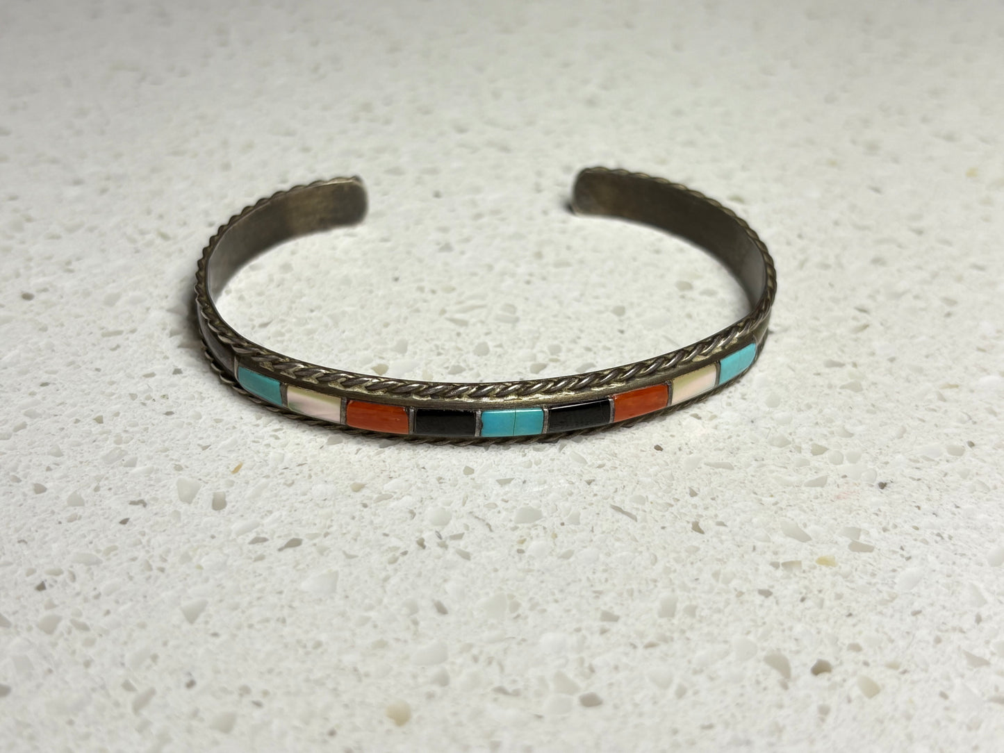 Vintage 1980s Navajo Multi-Stone Inlay Sterling Silver Bracelet – Signed JP