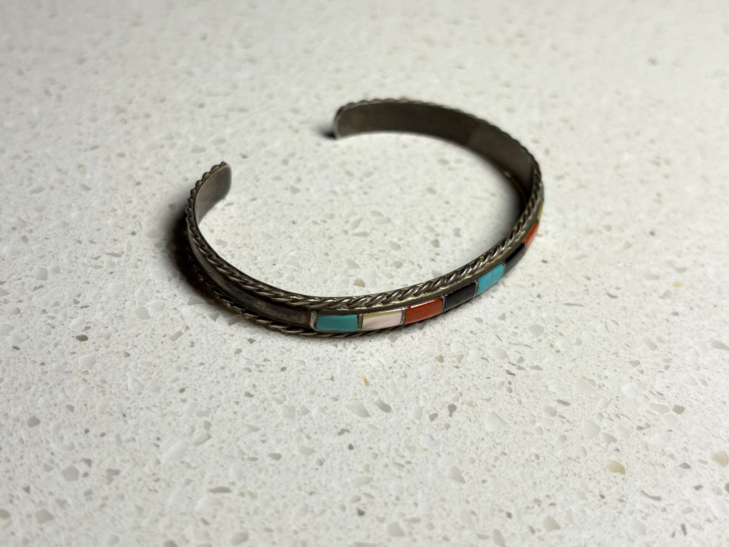 Vintage 1980s Navajo Multi-Stone Inlay Sterling Silver Bracelet – Signed JP