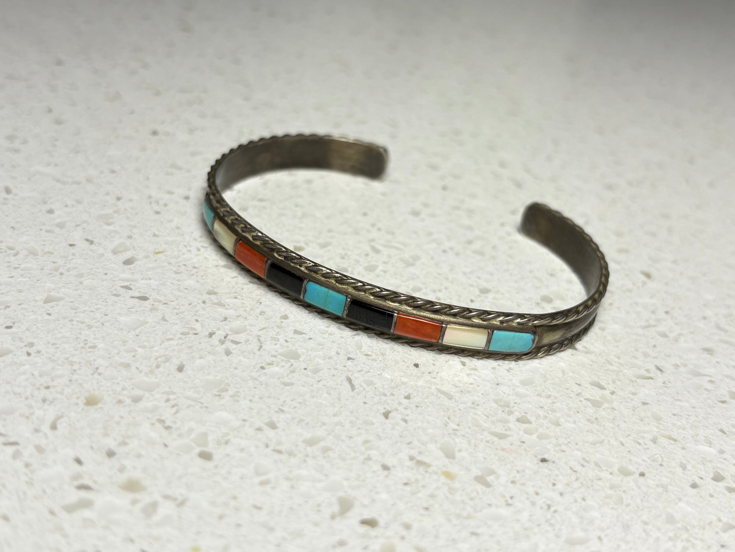 Vintage 1980s Navajo Multi-Stone Inlay Sterling Silver Bracelet – Signed JP