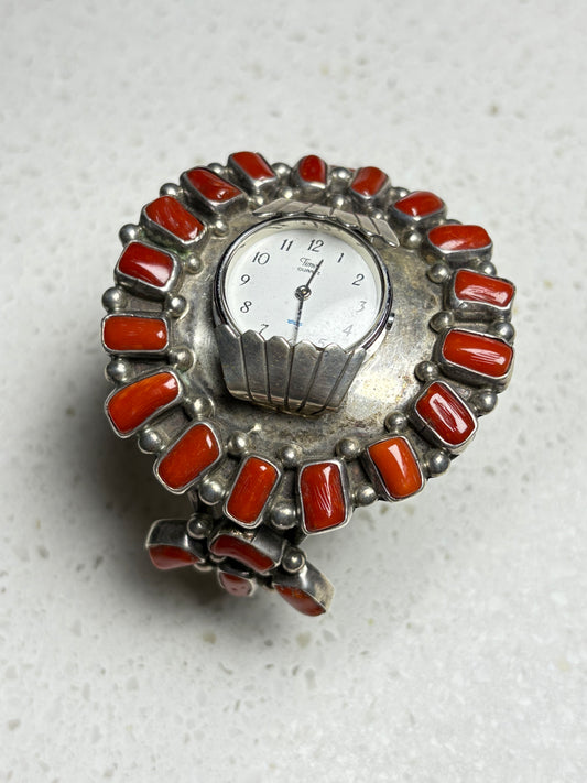 Vintage Zuni Sterling Silver Floral Inlay Watch – Red Coral