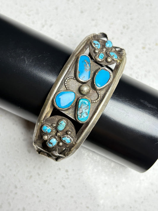 Vintage Navajo Sterling Silver Coin Turquoise Bracelet