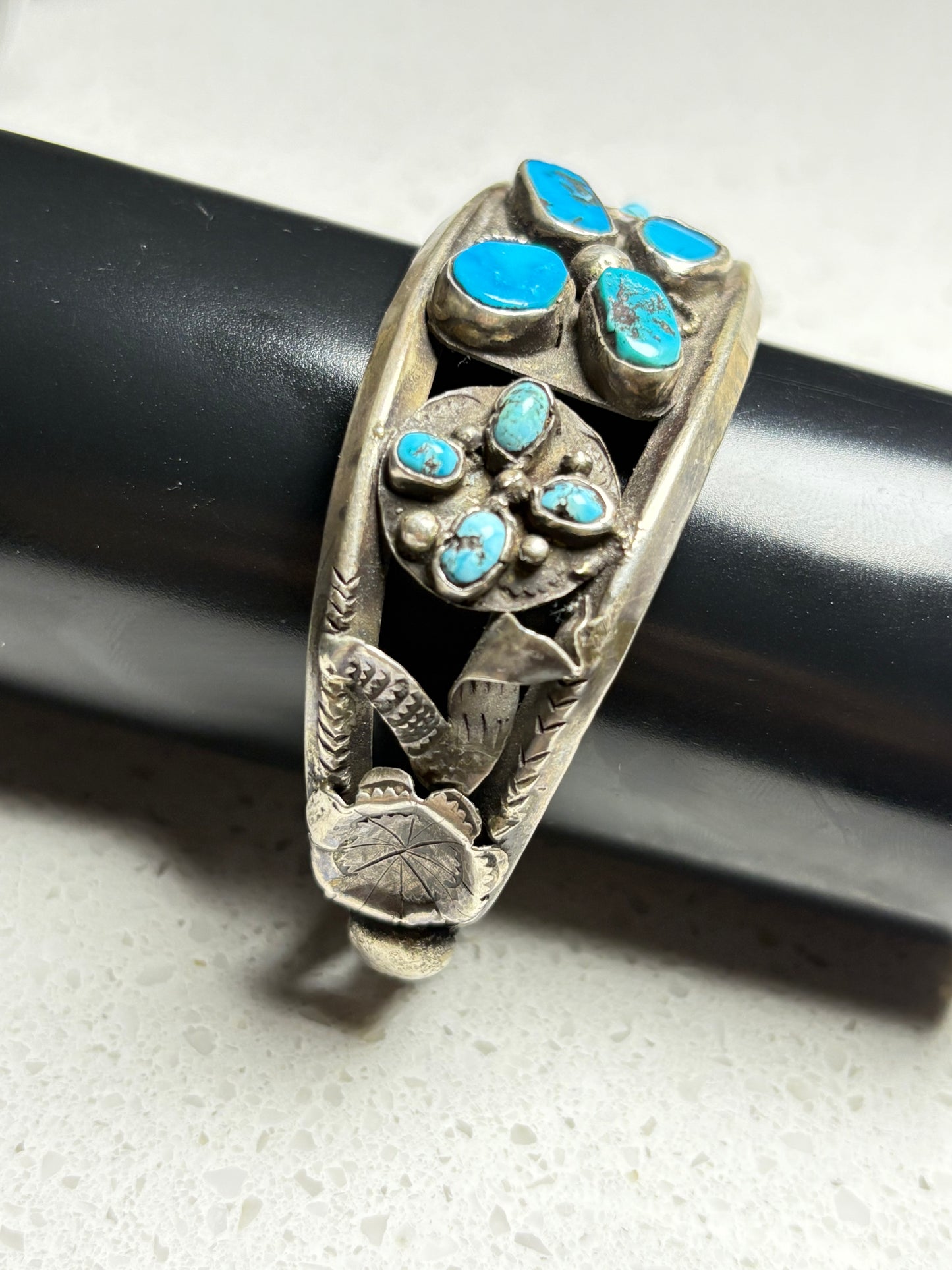 Vintage Navajo Sterling Silver Coin Turquoise Bracelet