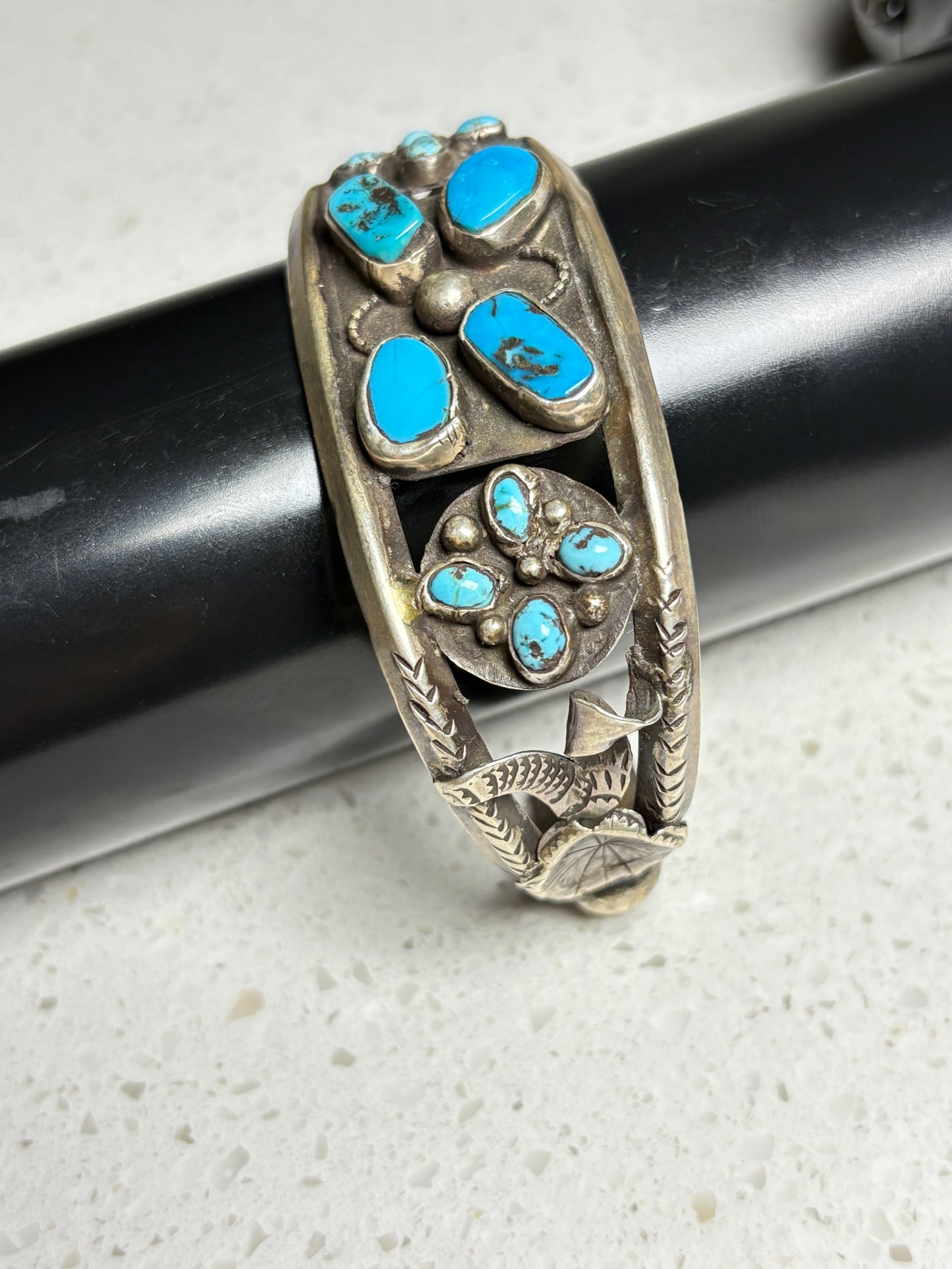 Vintage Navajo Sterling Silver Coin Turquoise Bracelet