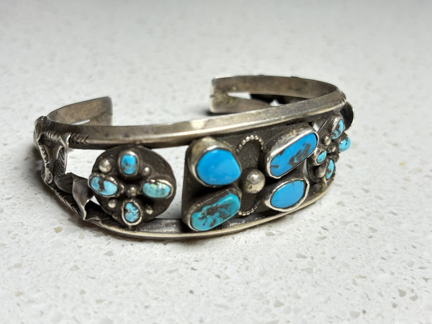 Vintage Navajo Sterling Silver Coin Turquoise Bracelet