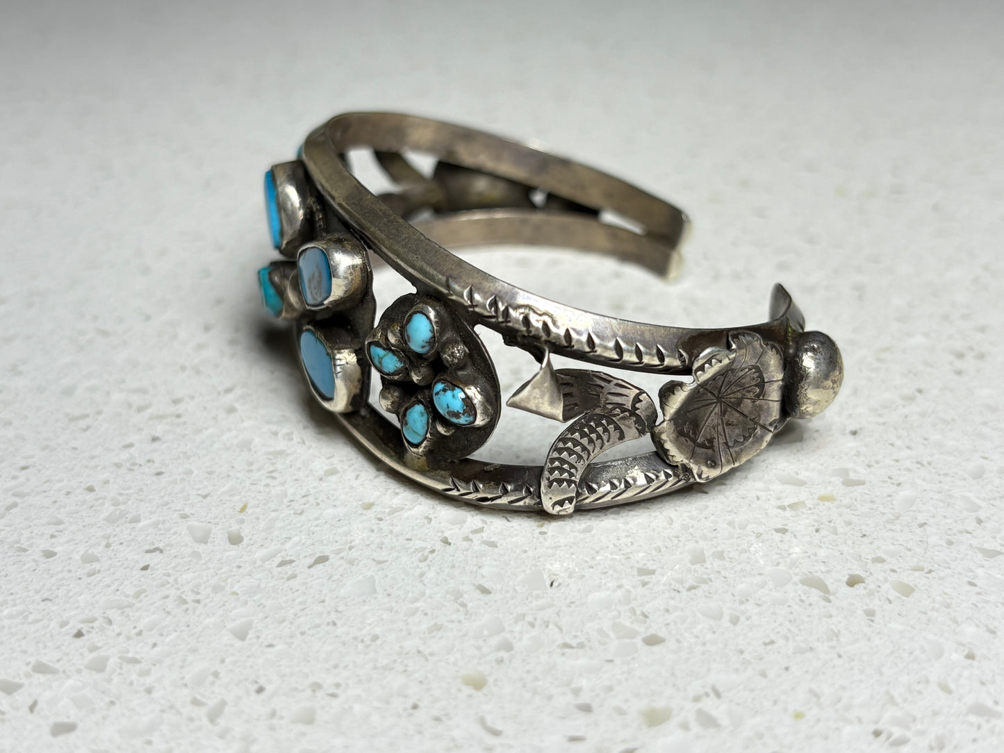 Vintage Navajo Sterling Silver Coin Turquoise Bracelet