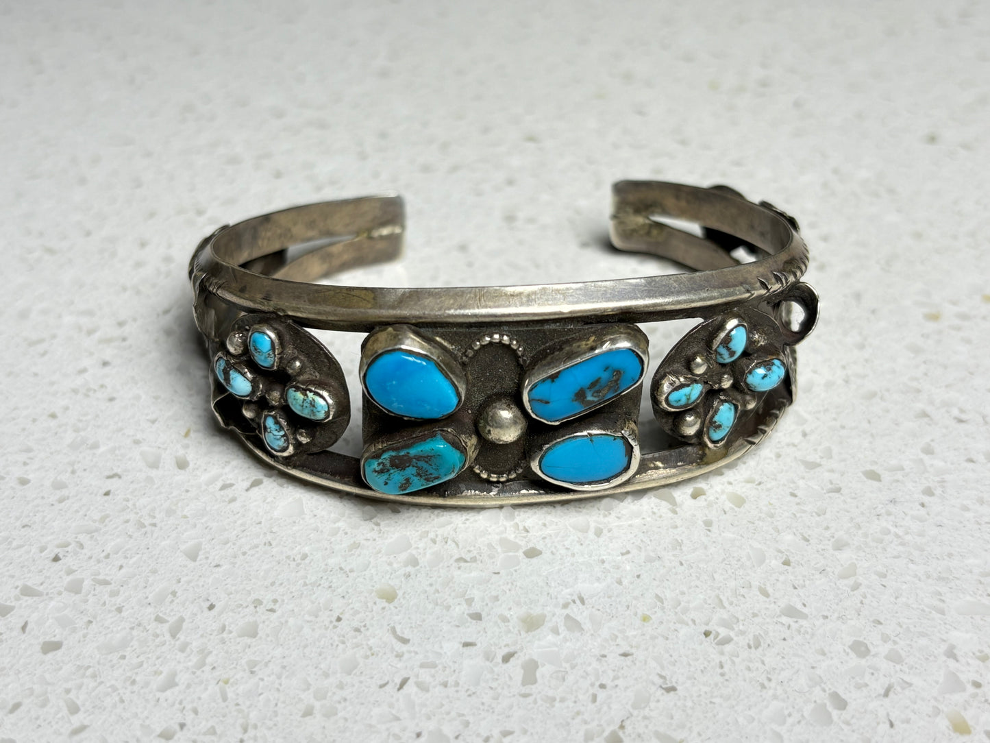 Vintage Navajo Sterling Silver Coin Turquoise Bracelet