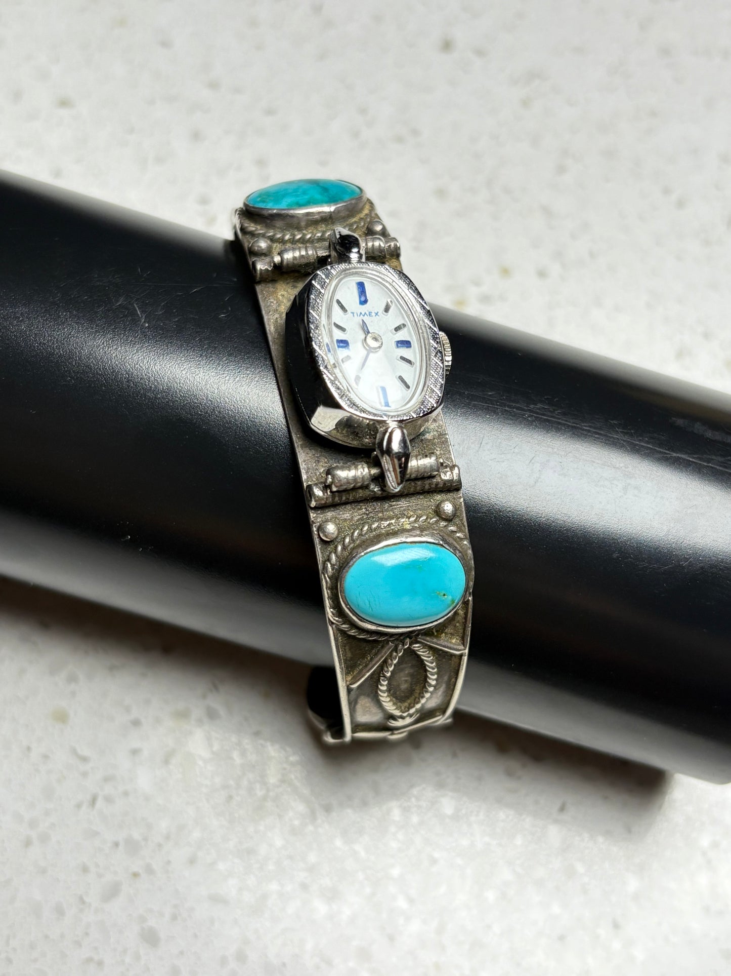 Vintage Navajo Sterling Silver Coin Turquoise Watch Bracelet