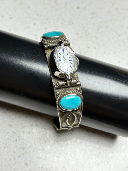 Vintage Navajo Sterling Silver Coin Turquoise Watch Bracelet