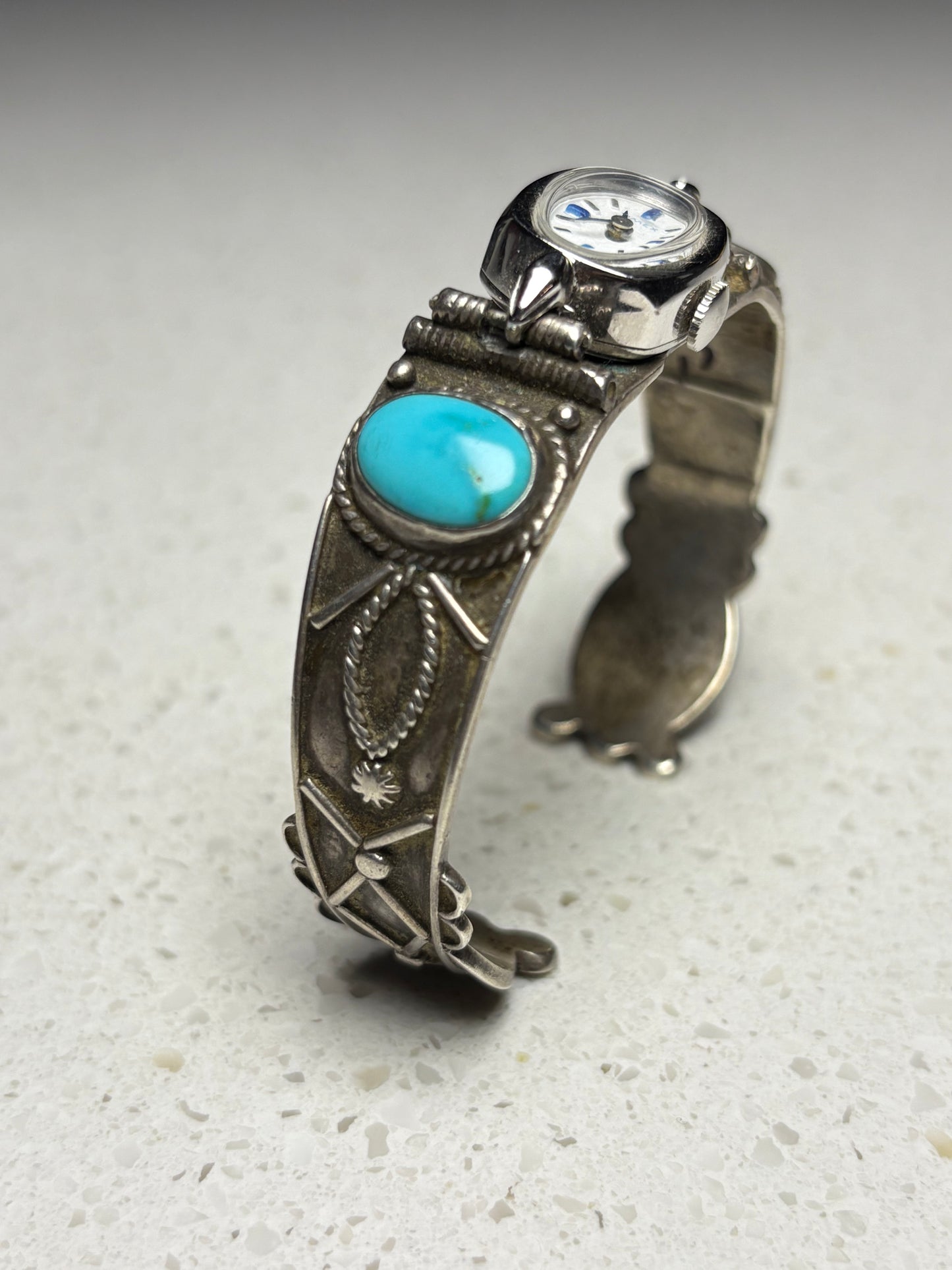 Vintage Navajo Sterling Silver Coin Turquoise Watch Bracelet