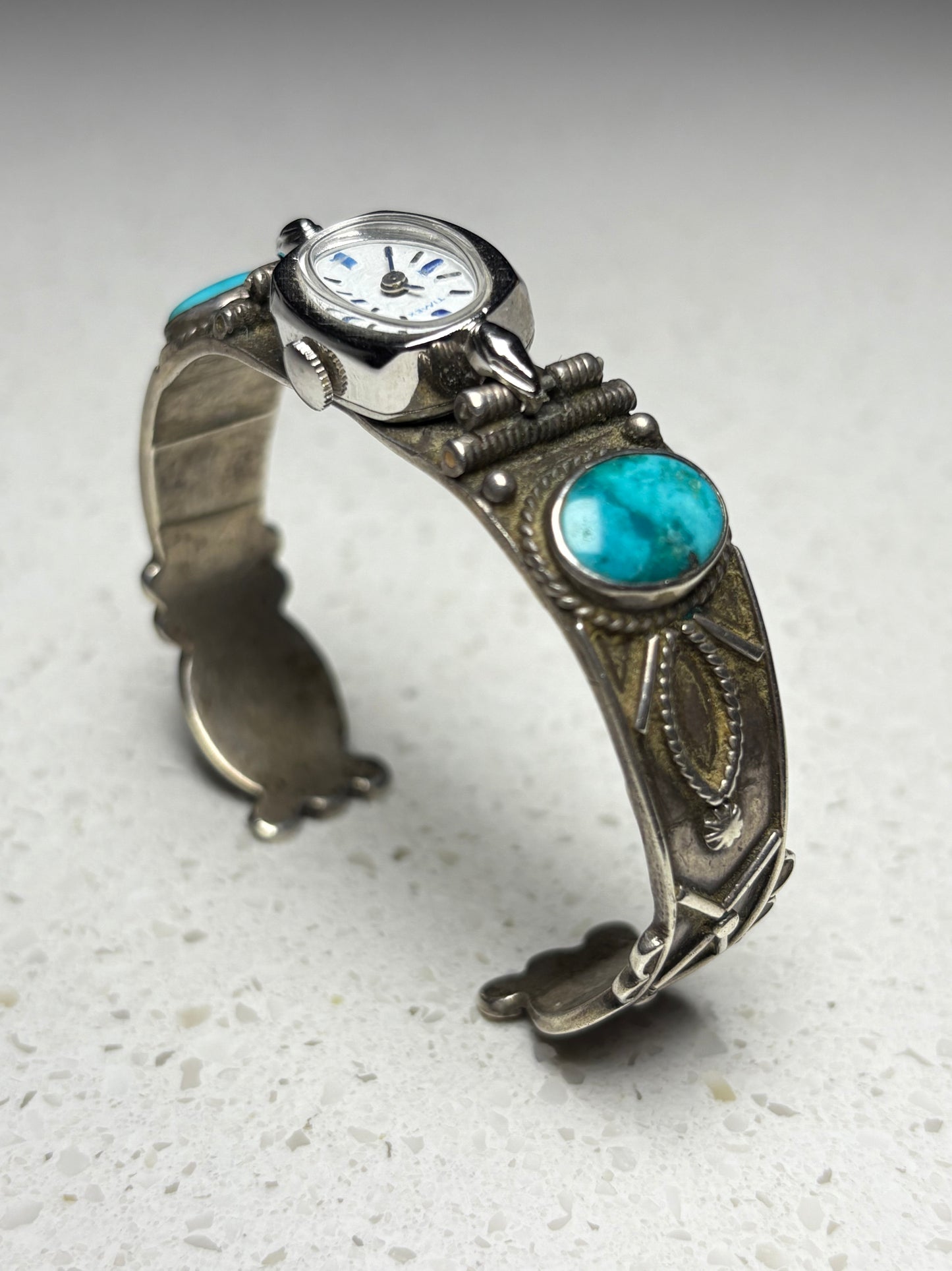 Vintage Navajo Sterling Silver Coin Turquoise Watch Bracelet