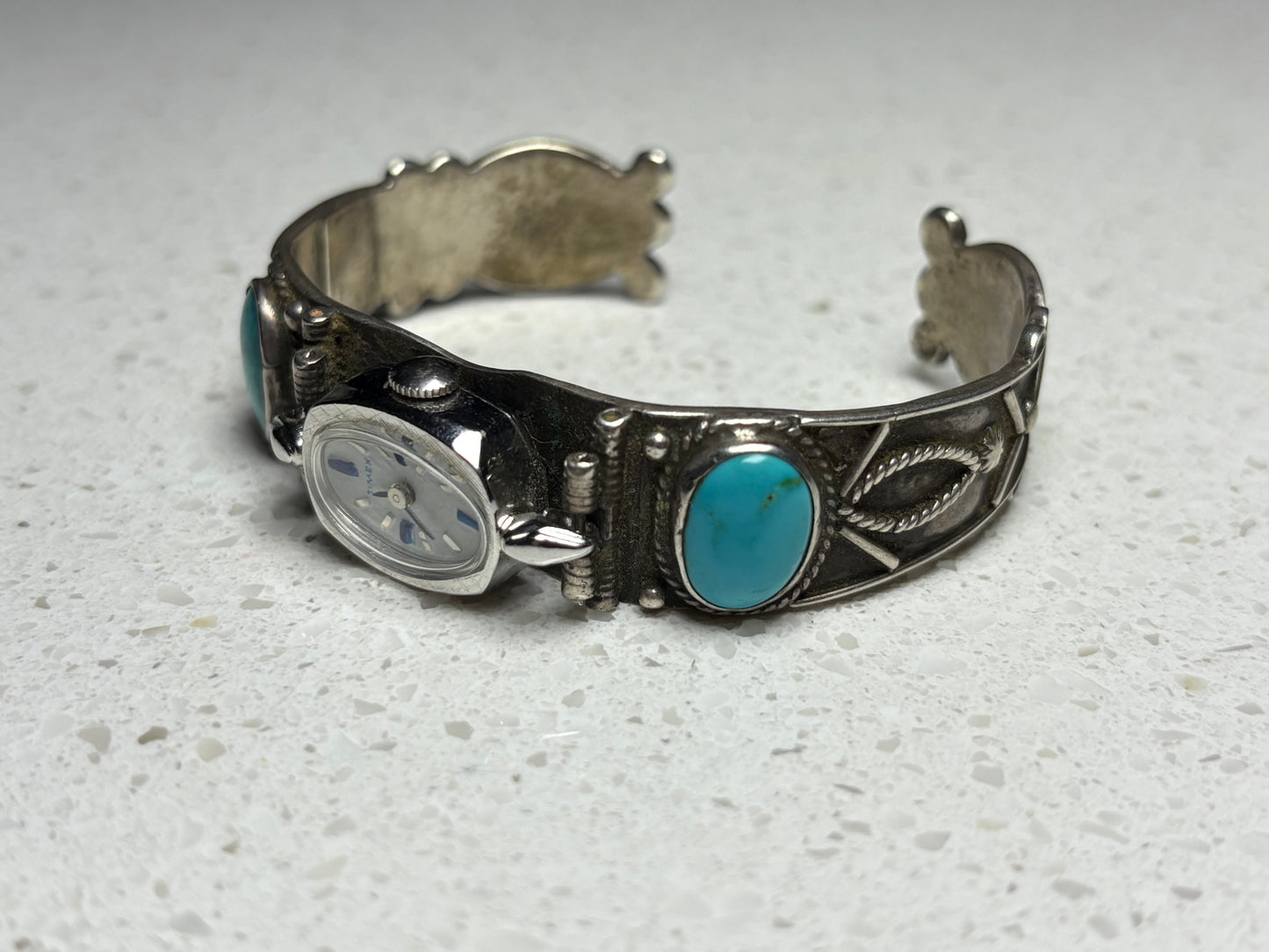 Vintage Navajo Sterling Silver Coin Turquoise Watch Bracelet