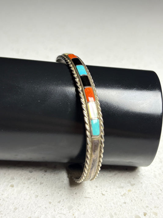 Vintage 1980s Navajo Multi-Stone Inlay Sterling Silver Bracelet – Signed JP